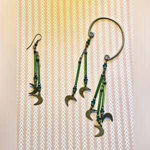 Silver and green beaded asymmetrical ear cuffs and earring set